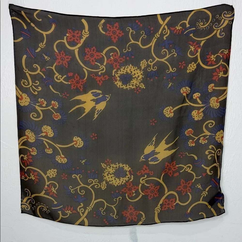 ZazouLuxe 100% Silk Bird & Floral Scroll Print Square Scarf 19.8 x 20.5